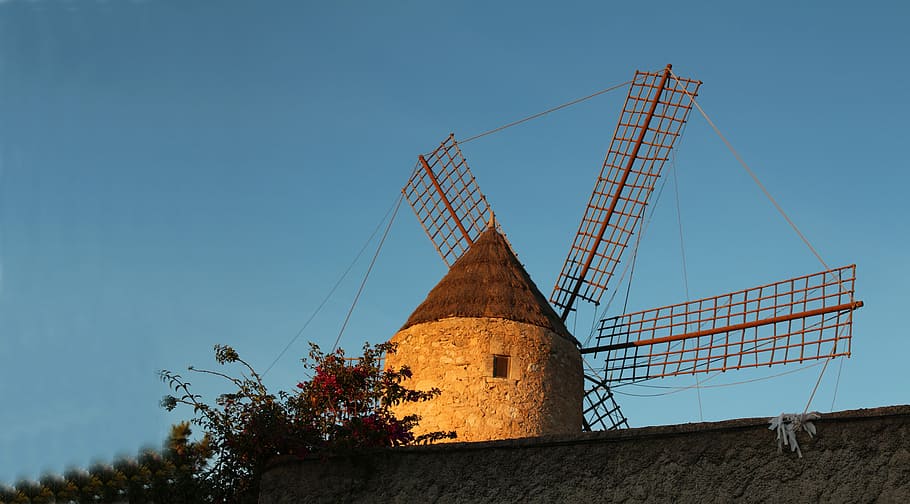 windmill, mallorca, mill, wind energy, historically, old mill, mediterranean, wind power, sky, fuel and power generation
