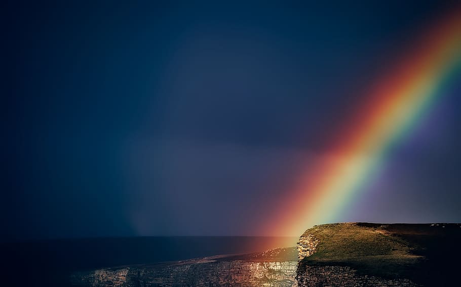 cliff, rainbow, wales, england, after storm, colorful, phenomena, beautiful, sky, clouds