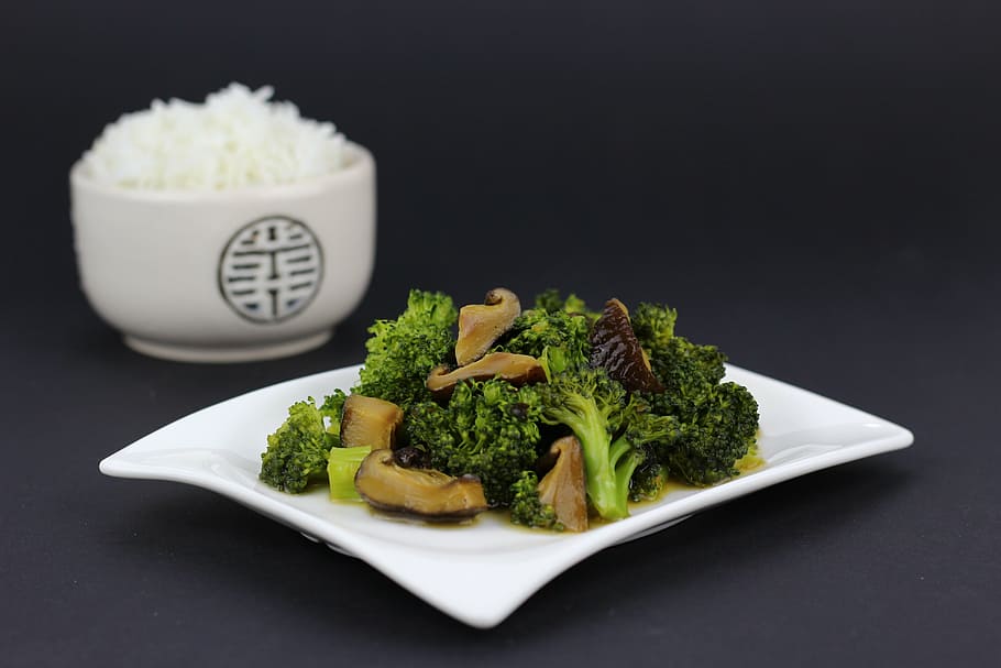 broccoli dish, wok dish, asia, rice, eat, chinese, fry up, cook, broccoli, mushrooms