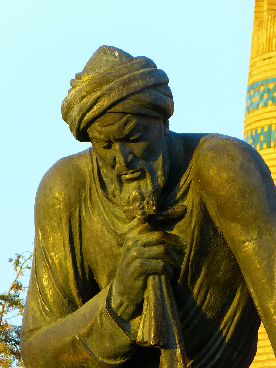 concrete, statue, man, khiva, al khwarazmi, universal scholar, mathematician, astronomer, geographer, algorithm
