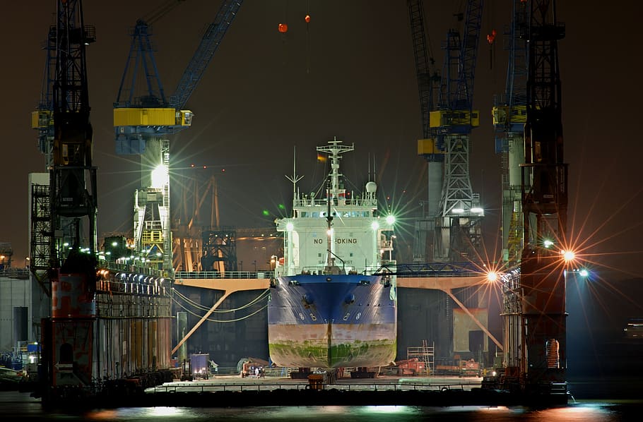 hamburg, pelabuhan, elbe, Kapal kontainer, air, utara Jerman, kapal, pengiriman, crane pelabuhan, galangan kapal