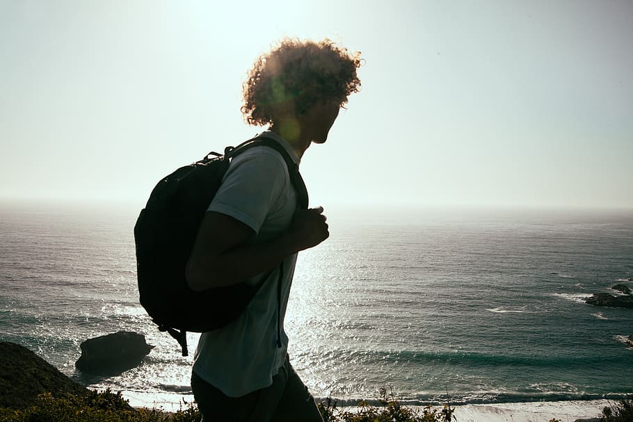 guy, man, silhouette, backpack, knapsack, adventure, ocean, sea, water, summer