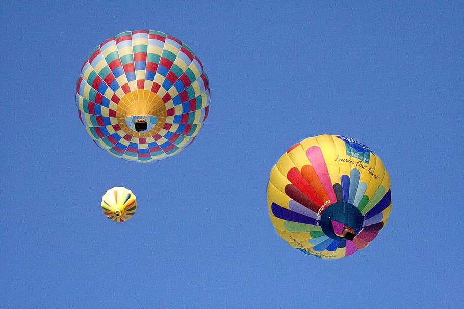 three, assorted-color, hot-air, balloons, blue, sky, ballon, hot air balloons, balloon fiesta, flight