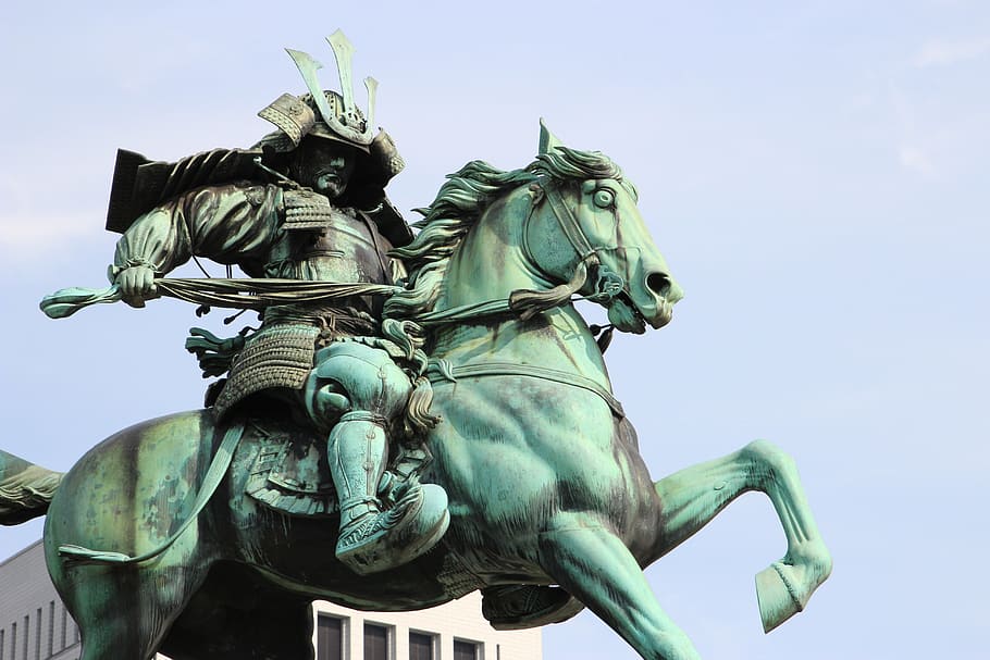 man, riding, horse statuette, statue, equestrian, bronze, samurai, japan, sword, gallop