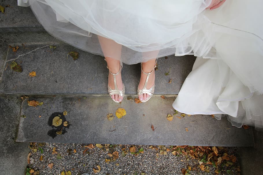 blanco, boda, vestido, pierna, zapato, novia, recién casado, vestido de novia, celebración, evento