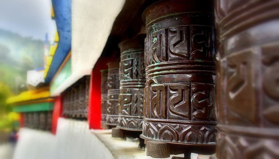 travel, spirituality, tourism, ornate, outdoors, culture, buddhist, prayer, wheel, copper