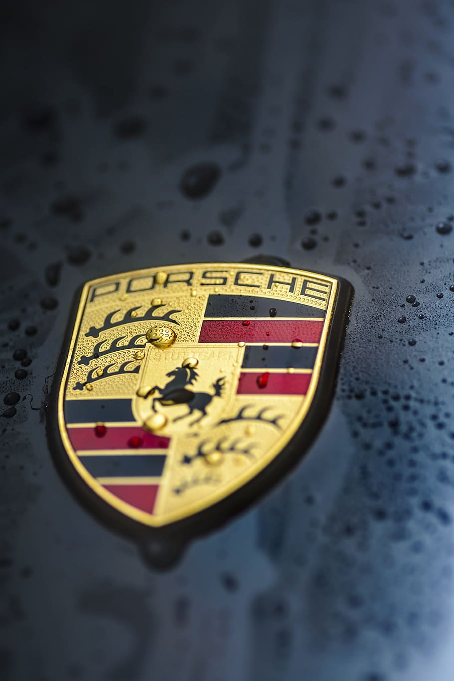 fotografía de primer plano, emblema de Porsche, gotas de agua, Porsche, 911, Carrera, 4S, logotipo, insignia, emblema