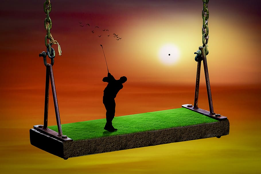 manipulation, golf, swing, golfer, male, person, silhouette, sunset, dawn, birds
