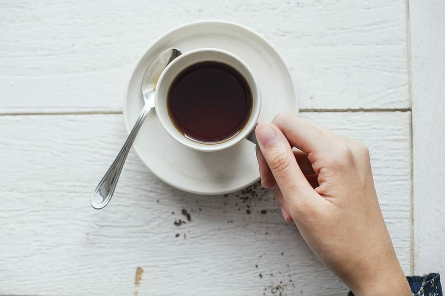 person, holding, cup, coffee, white, saucer, spoon, drink, dawn, espresso