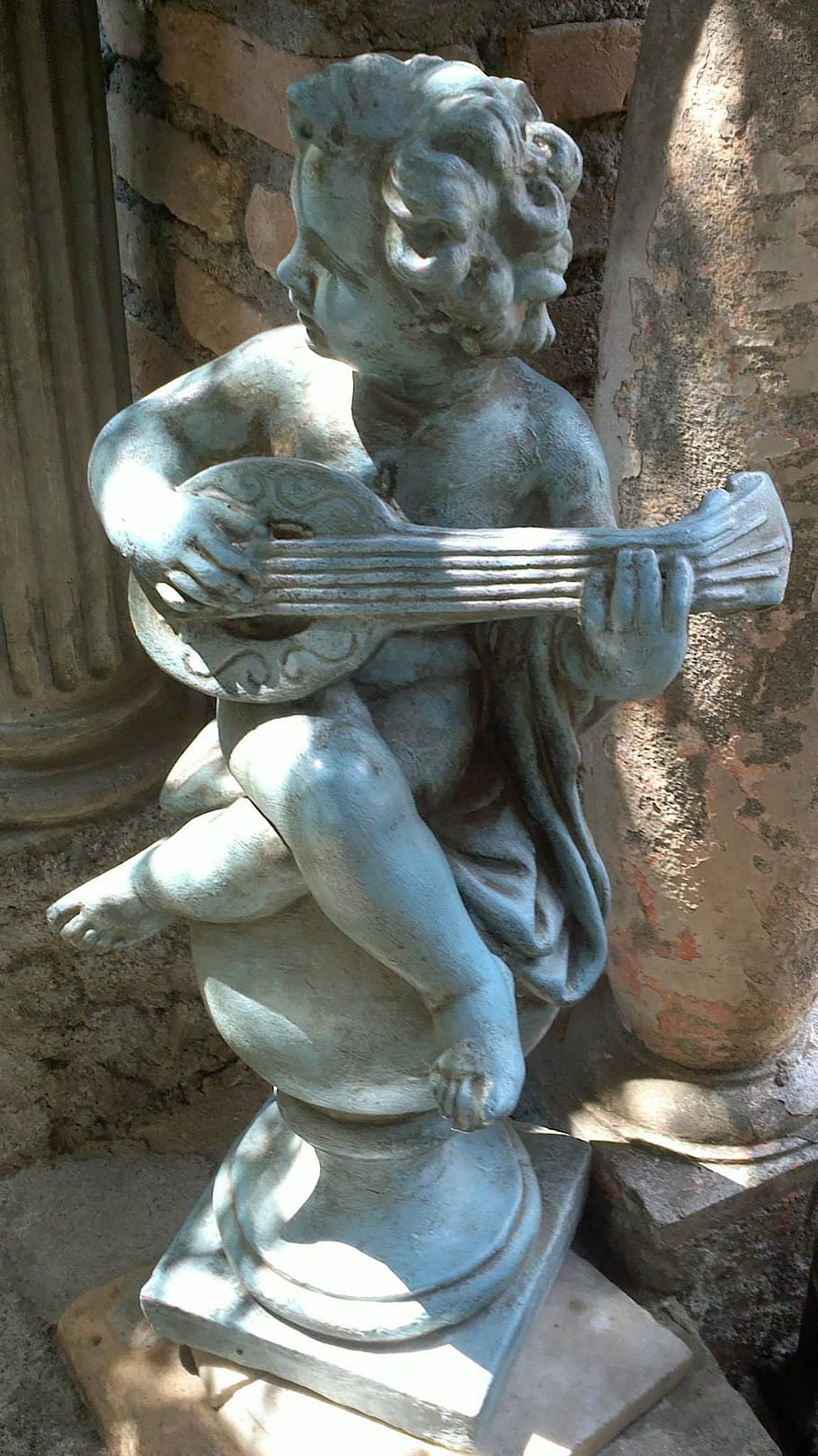 Cherub, Lute, Statue, Cupid, playing, angel, play, sculpture, art and craft, marble
