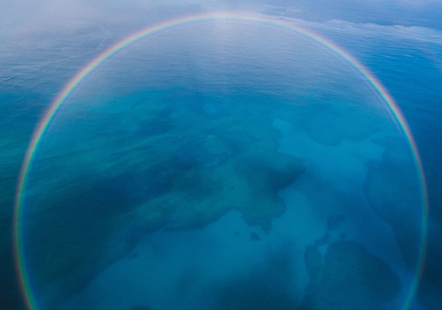 blue, aerial, view, island, rainbow, nature, water, sea, beauty in nature, aerial view