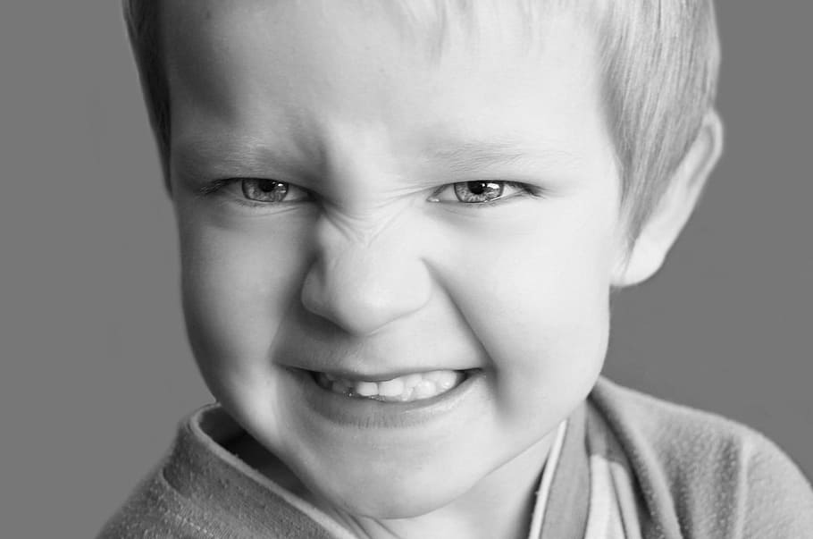 gray, scale photo, boy, angry, face, gray scale, snarling, child, frown, teeth