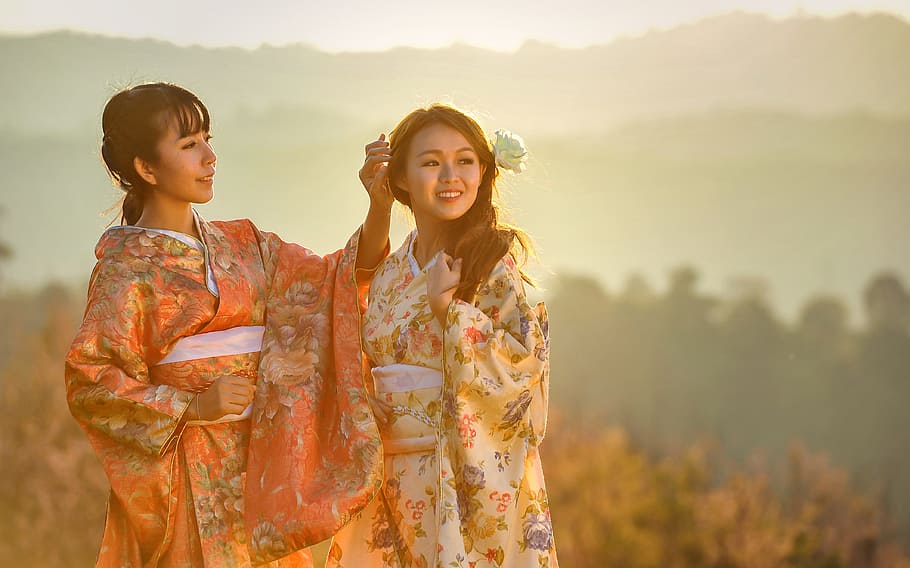 wanita, mengenakan, kuning, oranye, kimono, kecantikan, asia, menggoda, cantik, pengantin