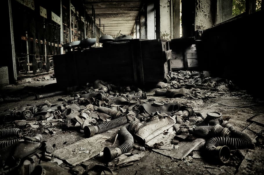 foto em tons de cinza, abandonar, construção, pripyat, chernobyl, abandonado, sujo, destruição, arruinado, quebrado