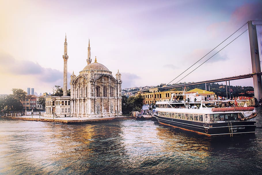 city, cityscape, istanbul, mosque, reflection, architecture, boat, bosphorus, travel, turkey