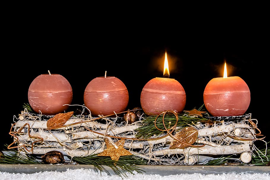 two, lightened, candles, advent wreath, advent, second advent, christmas time, christmas, flame, lights