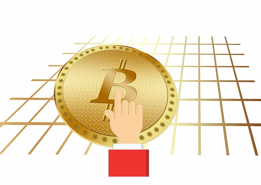 ilustração bitcoin, mão, dedo, mostrar, toque, bitcoin, moeda, dinheiro, dinheiro eletrônico, imitação