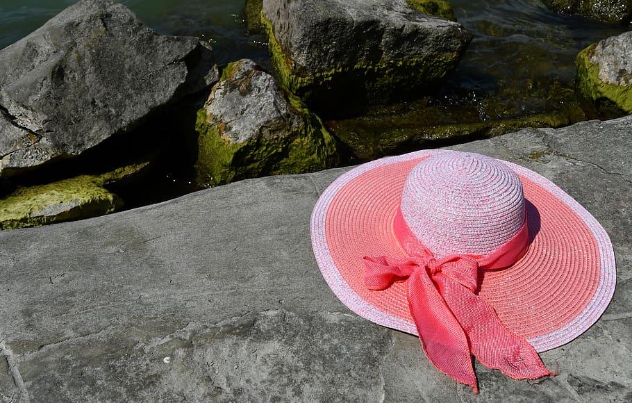travel, holiday, beach, lake balaton, straw hat, pink, tape, hungary, landscape, hat