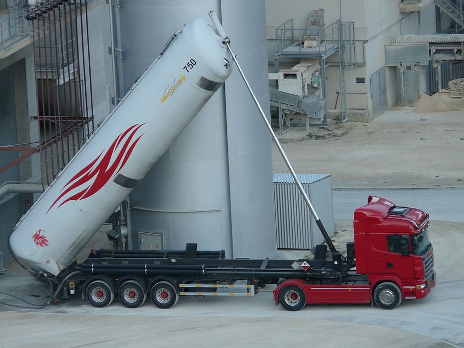 white, oil tank truck, parked, silo, truck, transport, vehicle, red, industry, suppliers