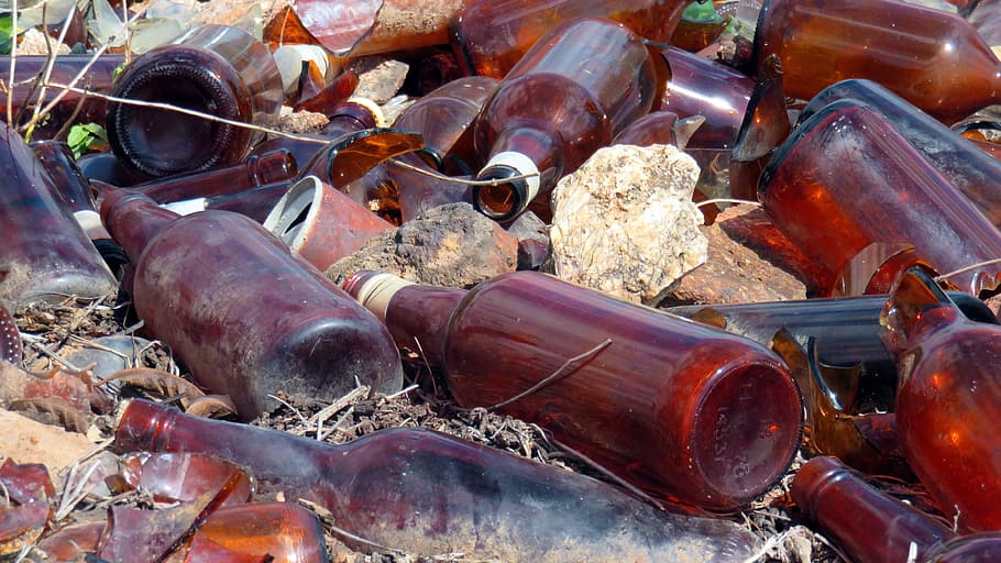 bottles, brown, glass, dump, rubbish, transparent, empty, waste, old, environment