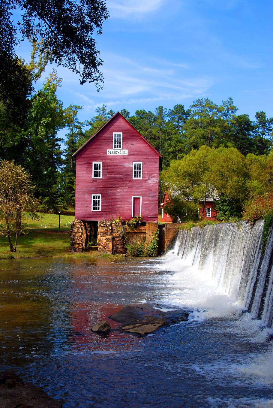 red, wooden, 2-story, 2- story house, river, daytime, starr's mill, georgia, usa, nature