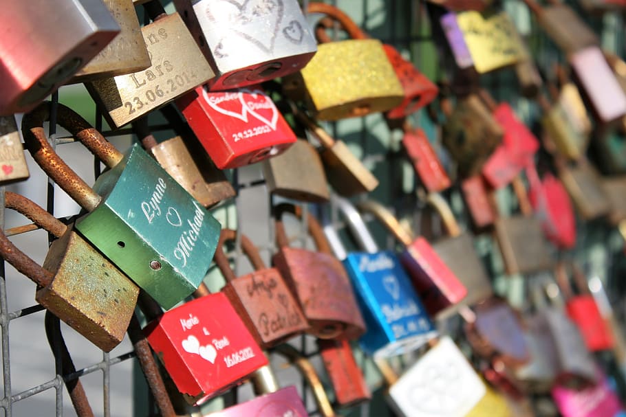 Love Locks, Bridge, Colorful, love, relationship, partnership, castle, multi colored, large group of objects, variation