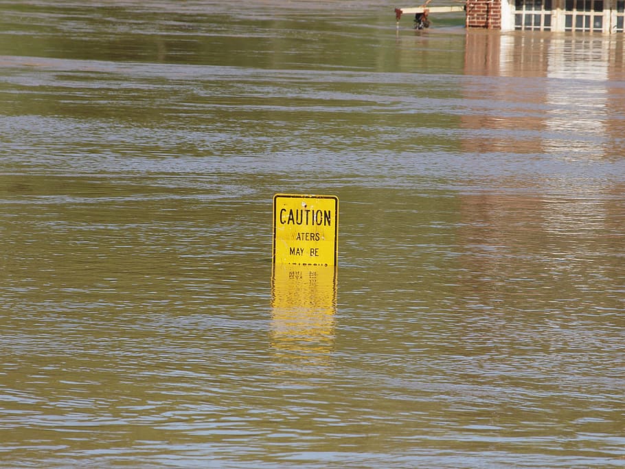 caution signage, body, water, Flood, Tennessee, River, Damage, Danger, tennessee, river, rain