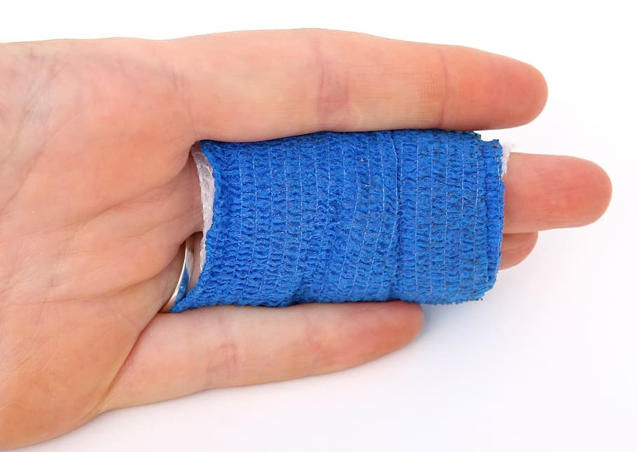 person hand, covered, blue, textile, accident, aid, band, bandage, bleed, blood