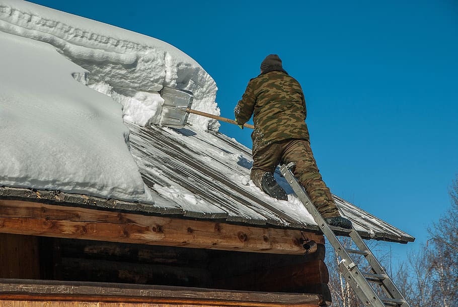 man, scraping, snow, roof, siberia, snow removal, roofing, scale, architecture, sky