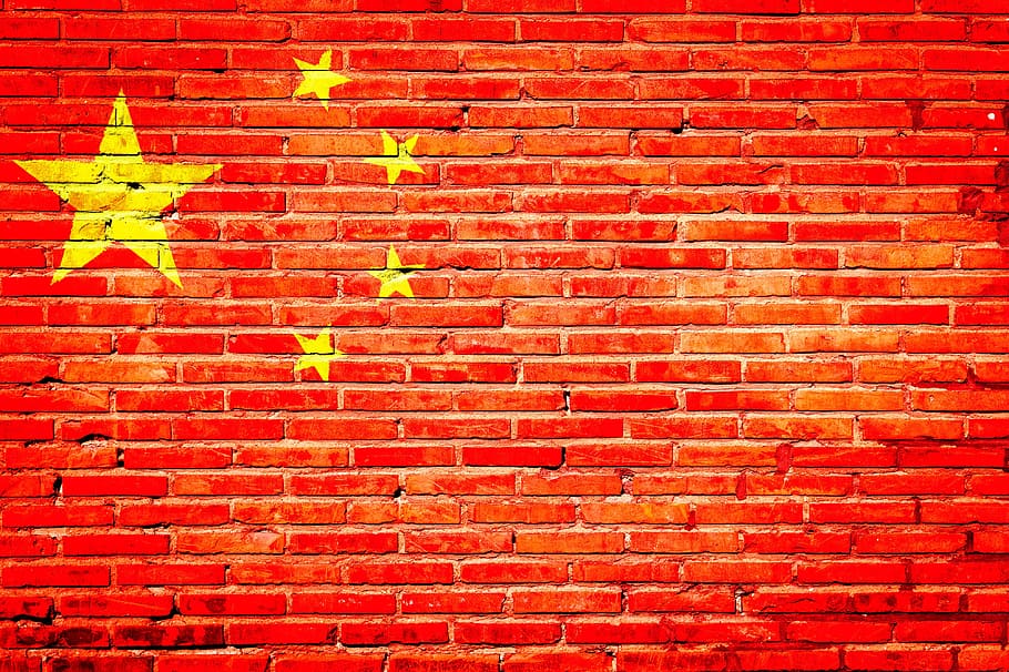 중국 국기, 그린, 벽돌 벽, 중국, 낙서, 국가, 깃발, 배경, 벽돌, 벽