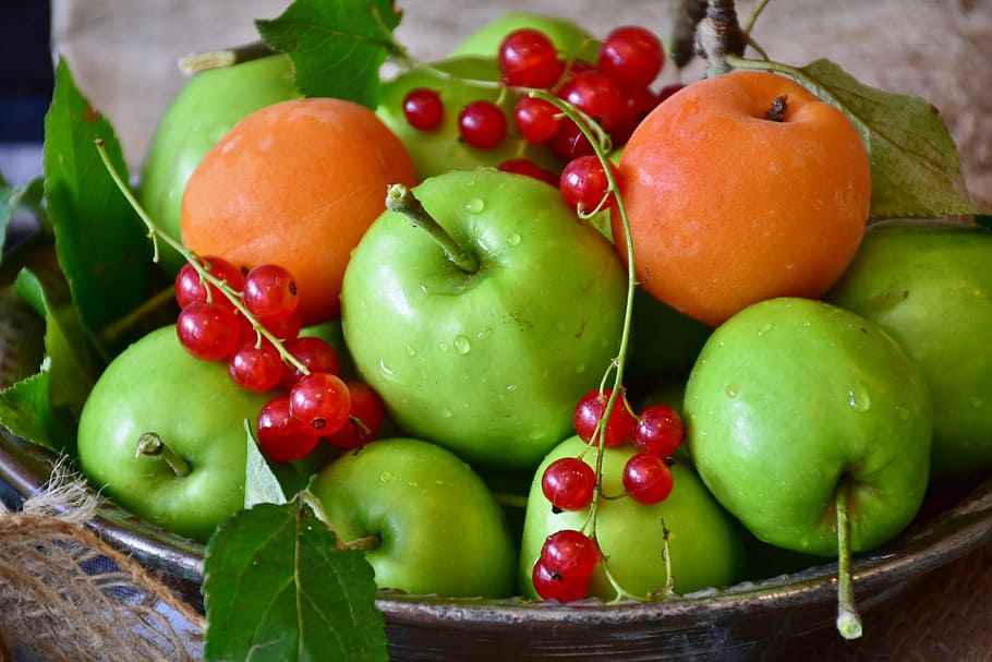 cesta, verde, manzanas, fruta, manzana, albaricoques, grosellas, fresco, saludable, vitaminas