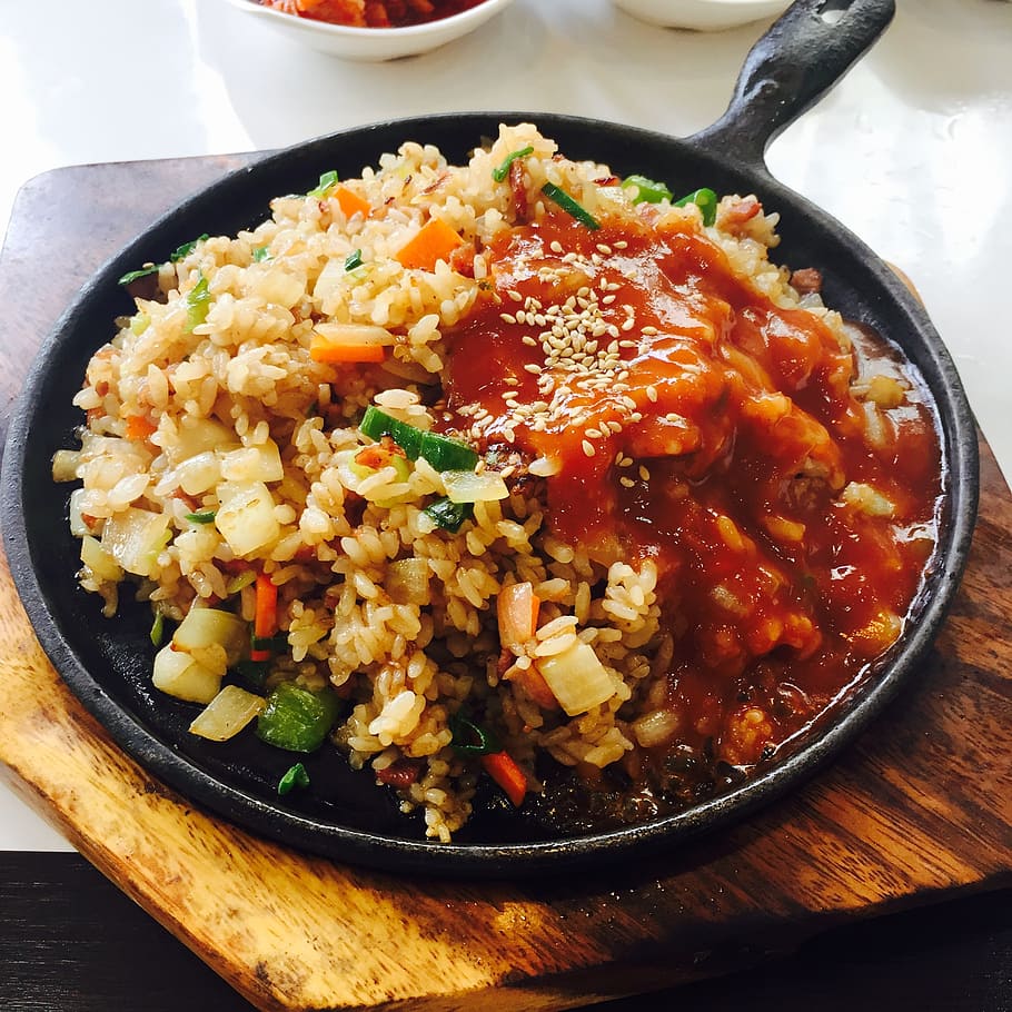 rice dish, skillet, fried rice, bob, korean, teppan fried rice, char-fried rice, dining, cooking, rice