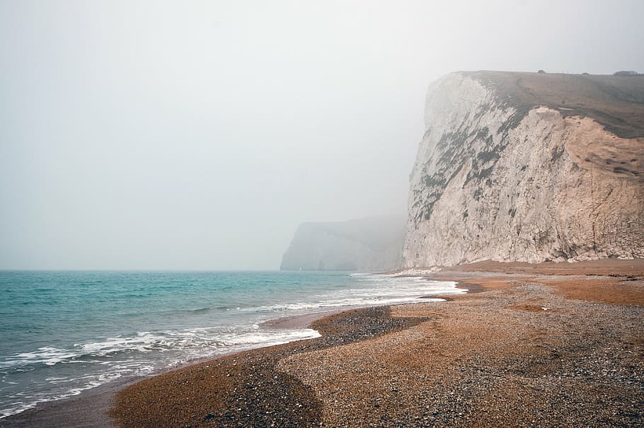 mountain, sea, daytime, beach, near, gray, rocky, cliffs, fogs, grey