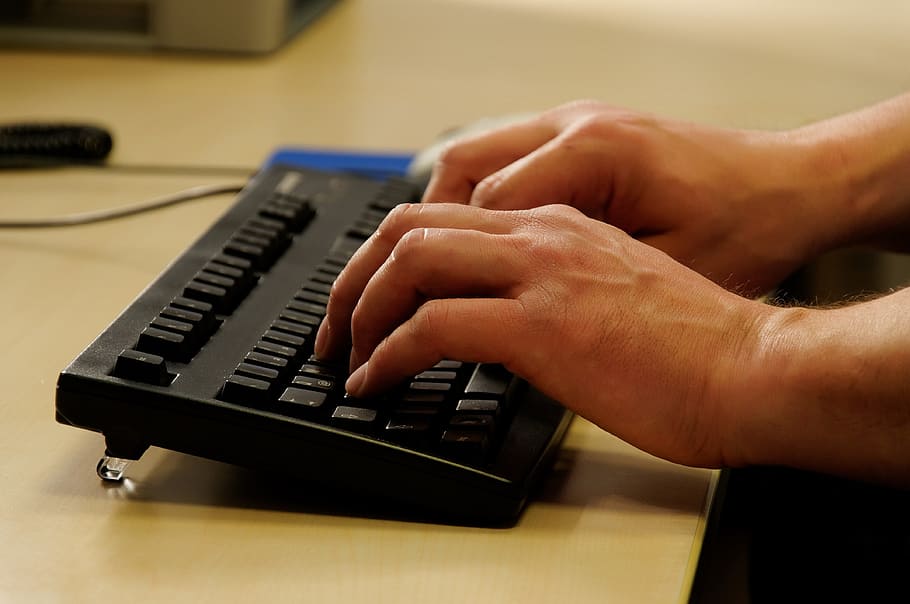selective, focus photo, person typing, black, keyboard, tap, office, leave, input, hardware