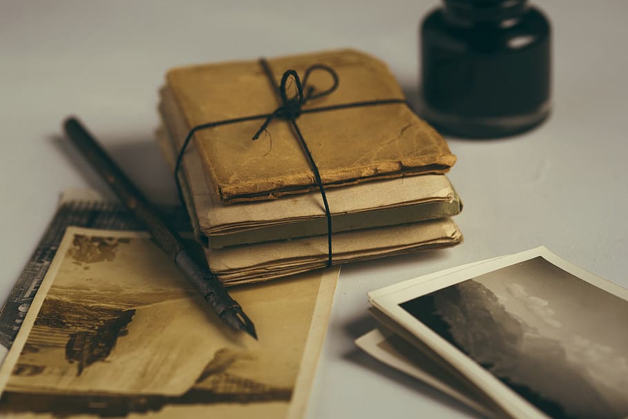 pictures, photos, vintage, pen, ink, package, objects, indoors, selective focus, table