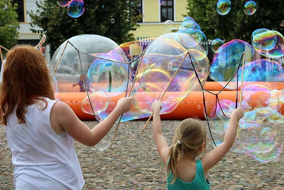 soap bubbles, children, play, blow, girl, child, fun, happy, joy, soap