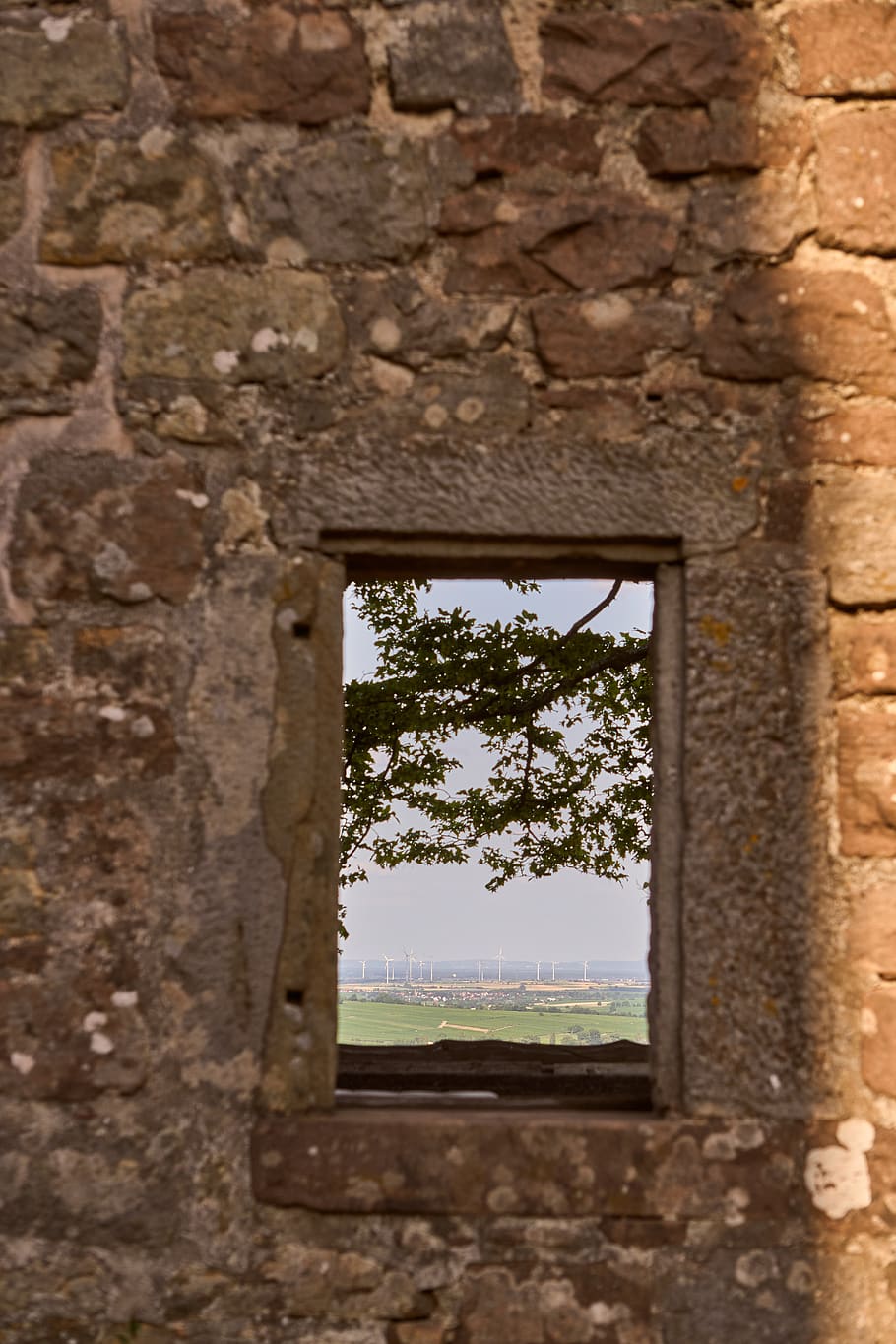 wall, window, view, outlook, distant, windräder, wind power, panorama, masonry, old