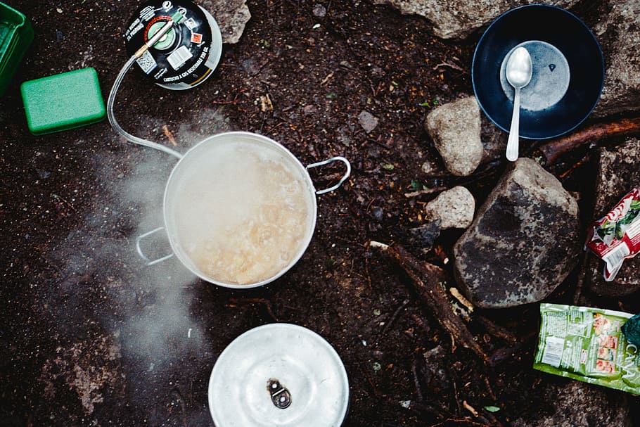 top, view photography, silver spoon, bowl, food, cook, outdoor, boil, camp, rock
