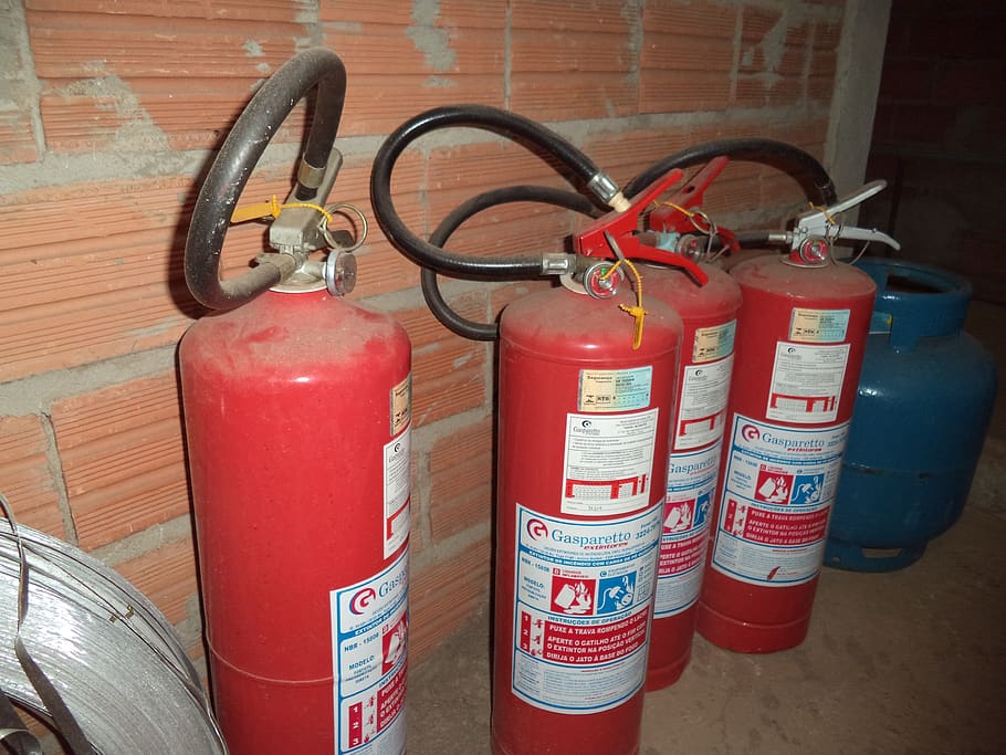 fire extinguisher, fire, red, safety, security, emergency equipment, protection, metal, day, wall - building feature