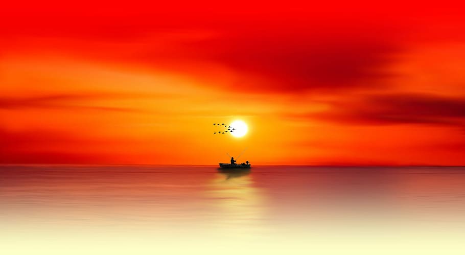 silhouette, person, boat, dusk painting, sunset, dawn, sun, dusk, evening, waters