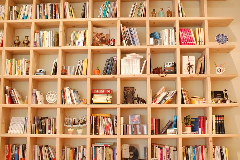 beige wooden bookshelves, book, bookcase, reading, shelf, publication, large group of objects, bookshelf, education, choice
