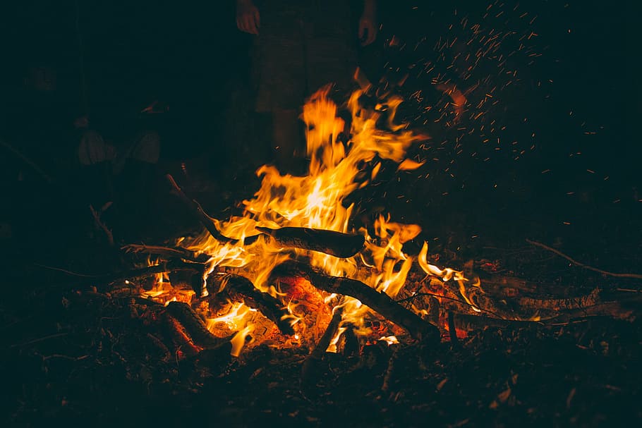 fogo, noite, fogueira, ainda, acampamento, chamas, quente, queima, madeira, carbonizado