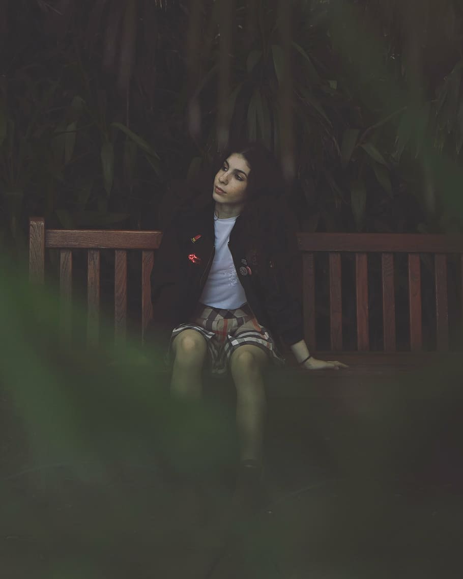 woman, sitting, wooden, bench, trees, dark, plant, outdoor, people, girl