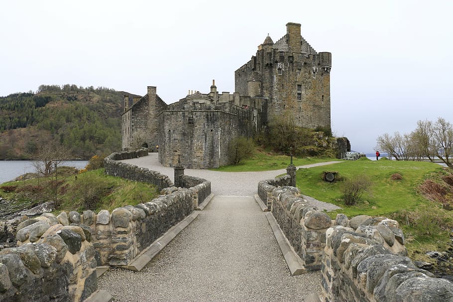 gray, concrete, castle, hill, daytime, eilean donan castle, scotland, history, built structure, building exterior