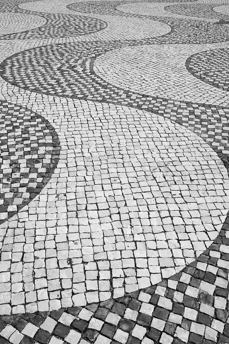 mosaic, stone, pattern, wave, cobblestone, portugal, craftsmanship, backgrounds, high angle view, footpath