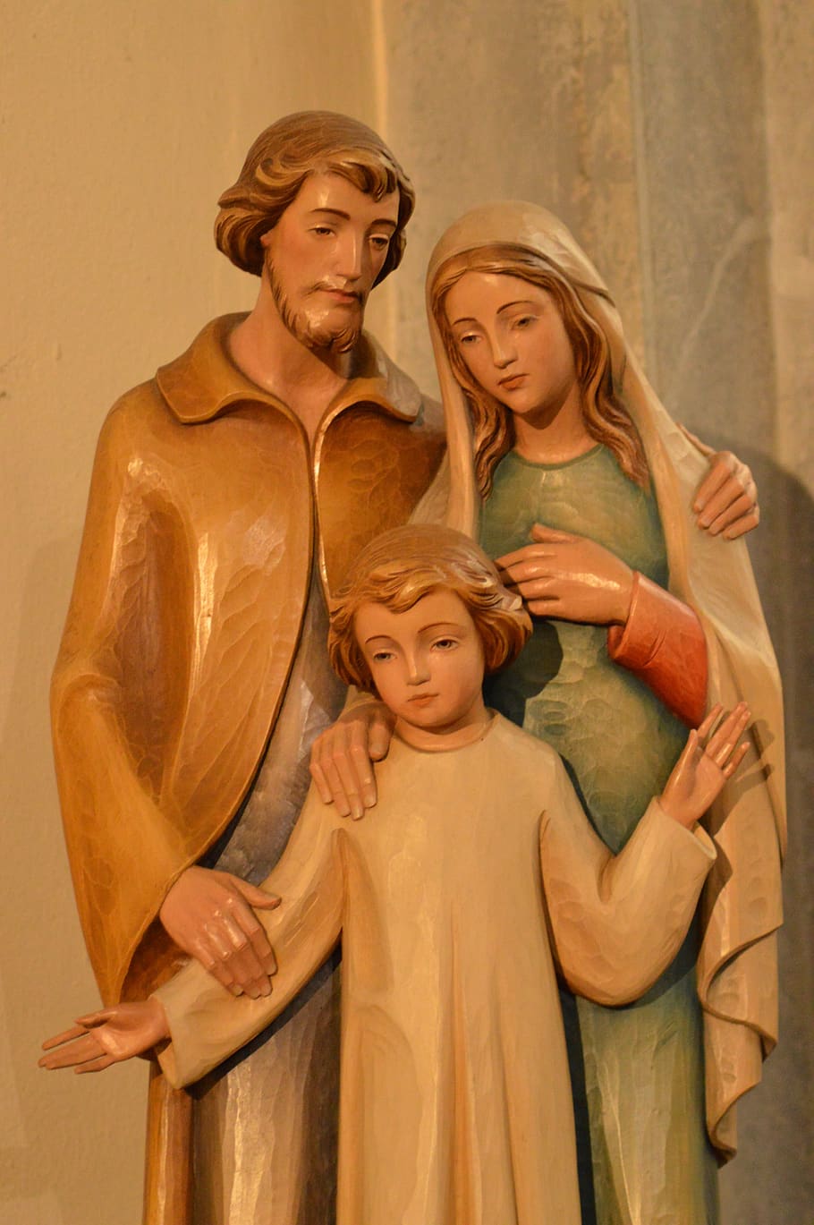 estátua, família, três, pessoas, pais, criança, joseph, maria, jesus, escultura