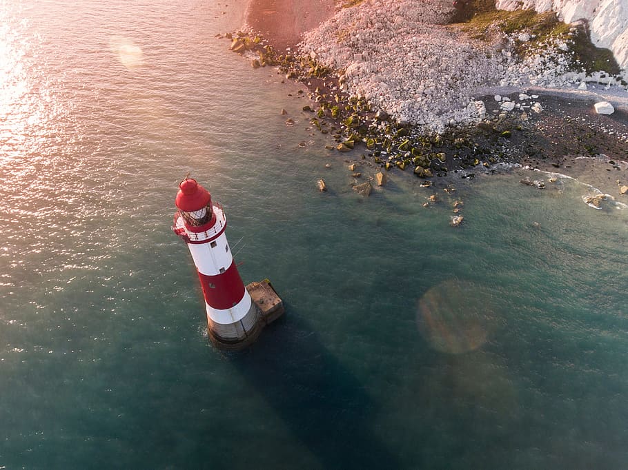 red, white, lighthouse, water, nature, landscape, aerial, flare, tower, beach
