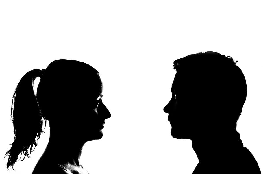 two, silhouette, man, facing, woman, head, face, male, girl, profile