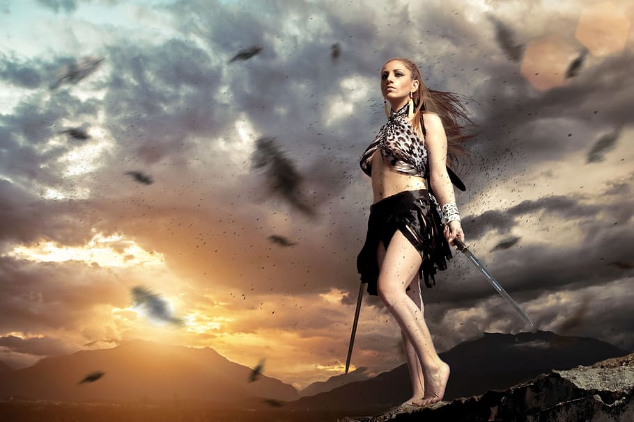 mujer, negro, falda, tenencia, dos, espadas, gráfico, fondo de pantalla, guerrero, hembra