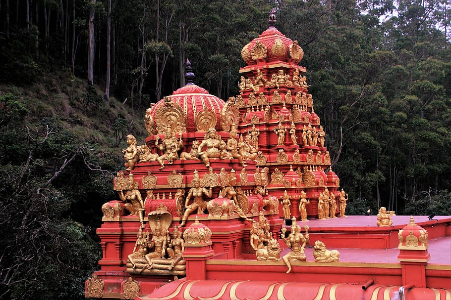 red, temple, gold-colored statues, roof, indian, religion, spirituality, sculpture, culture, travel